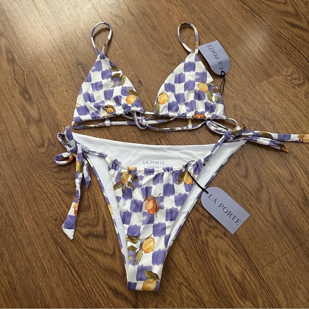 La Porte Purple White checkered Bikini Set Large NWT sexy highcut swimwear